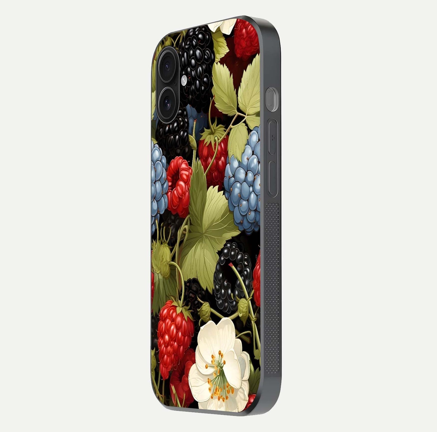 Berry Bloom Charm Glass Case for iPhone 16 Pro side-angle image showing floral texture and high-definition print gloss