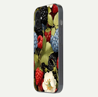 Berry Bloom Charm Glass Case for iPhone 16 Pro side-angle image showing floral texture and high-definition print gloss