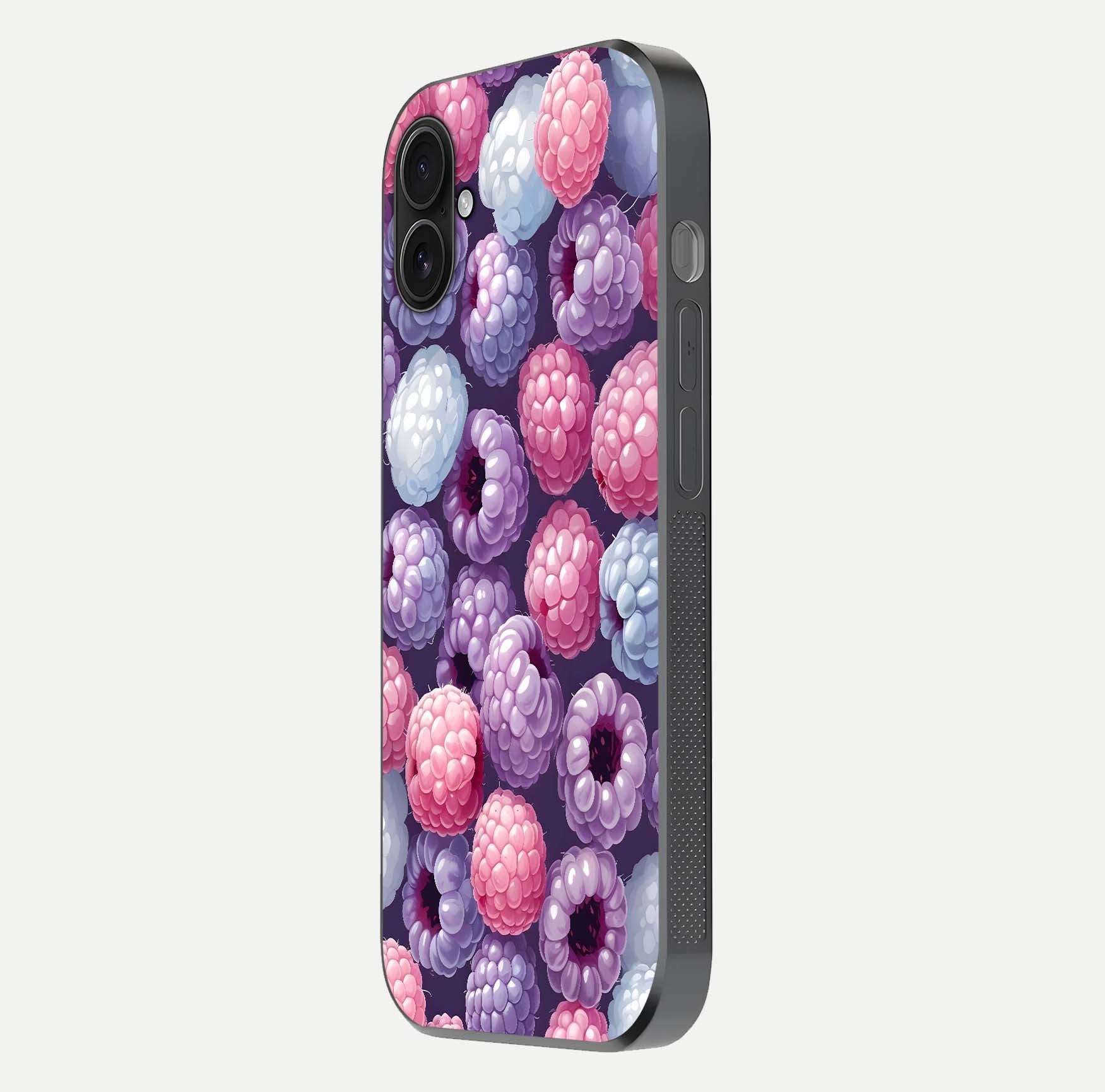 Berry Candy Pop Glass Case for iPhone 16 Pro side-angle image with bright color tones and smooth reflection