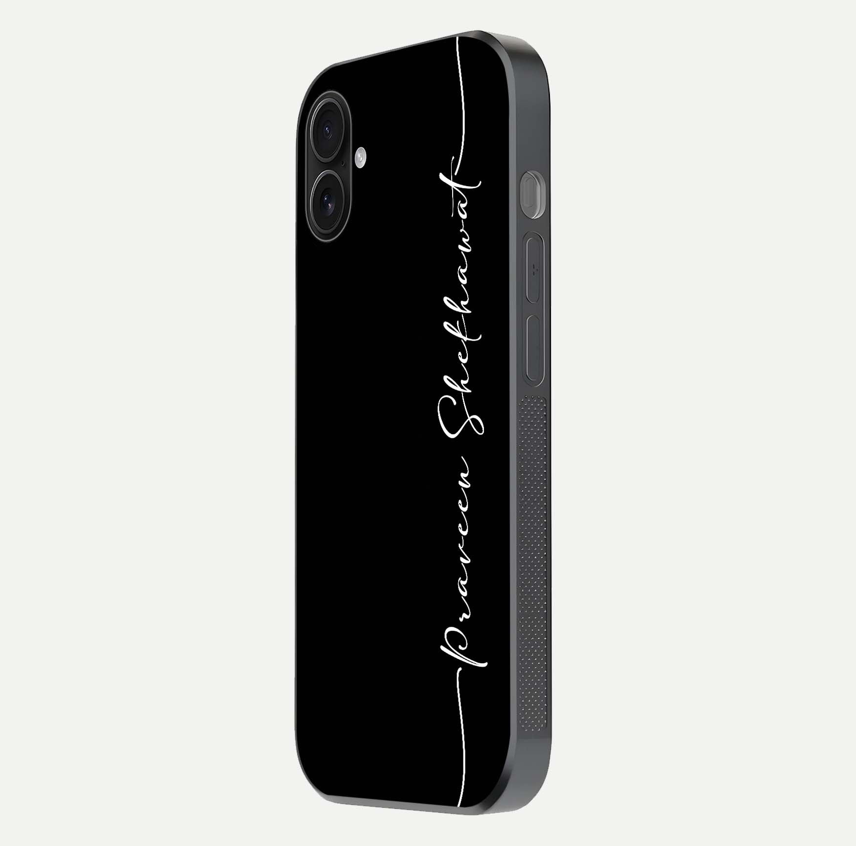 Black Tune Custom Name Glass Case for iPhone 16 Pro side-angle photo showing mirror-like surface and slim profile