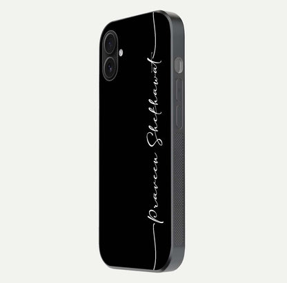 Black Tune Custom Name Glass Case for iPhone 16 Pro side-angle photo showing mirror-like surface and slim profile