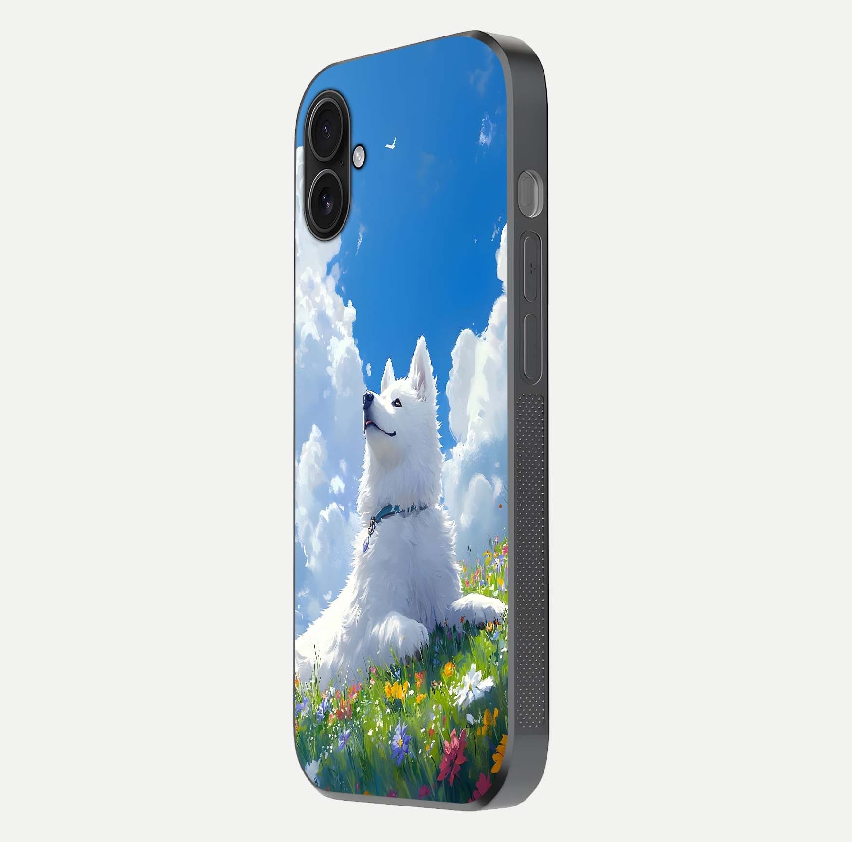 Blissful Cloud Pup Glass Case for iPhone 16 Plus side-angle shot displaying puppy print and glossy texture