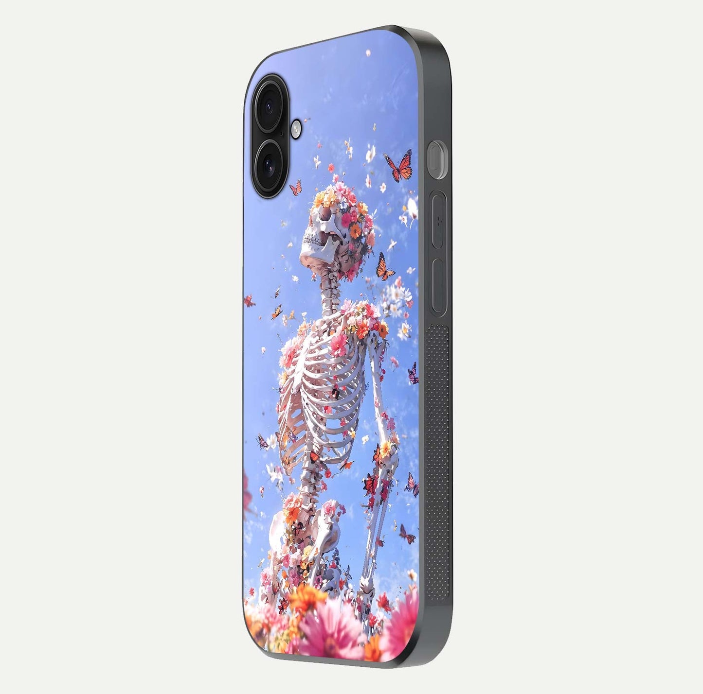 Bloom Beyond Bones Glass Case for iPhone 16 Plus side-angle image highlighting print precision and gloss finish