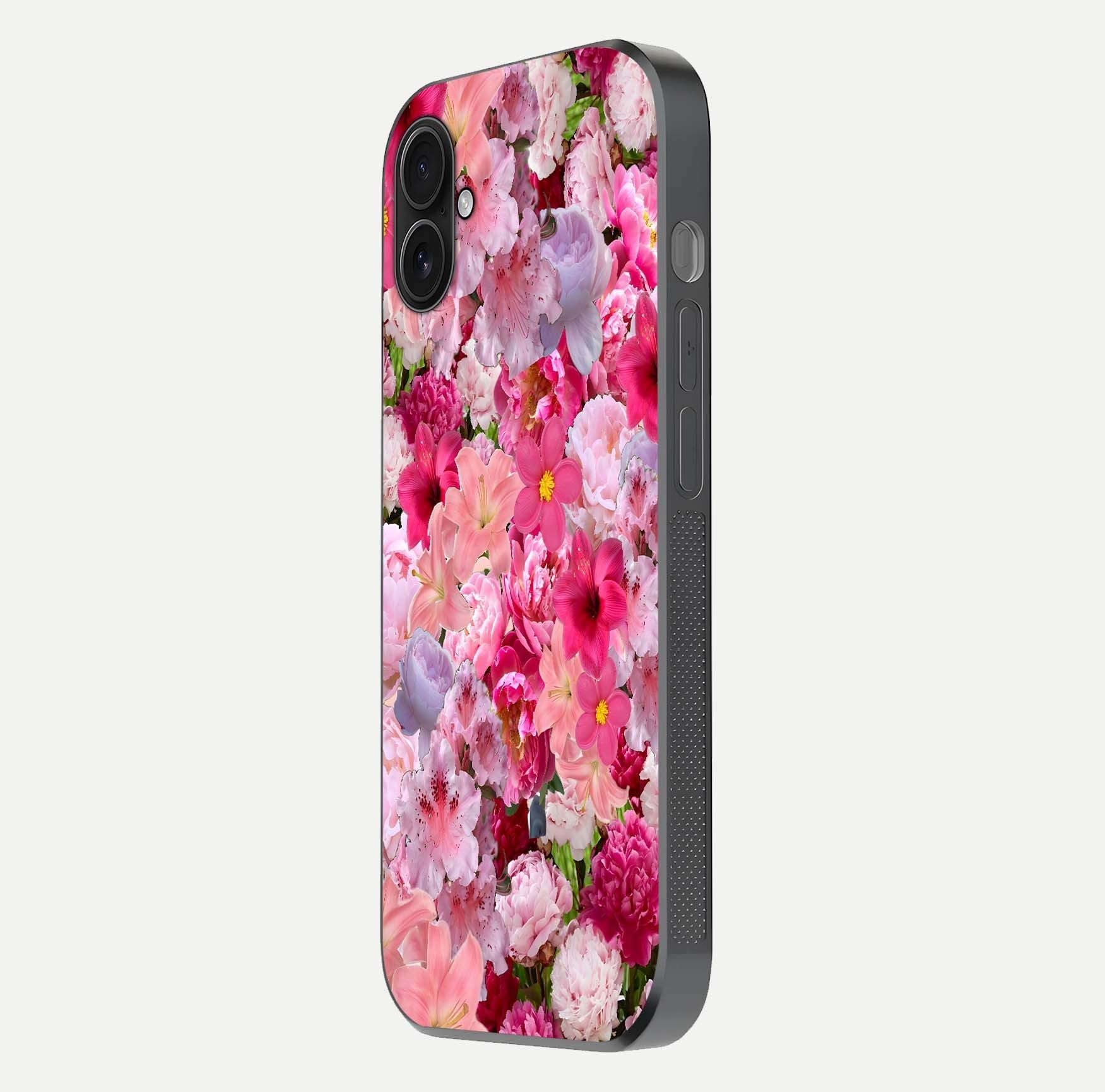 Bloom Crush Fantasy Glass Case for iPhone 16 Plus side-angle shot with fantasy bloom art and gloss surface