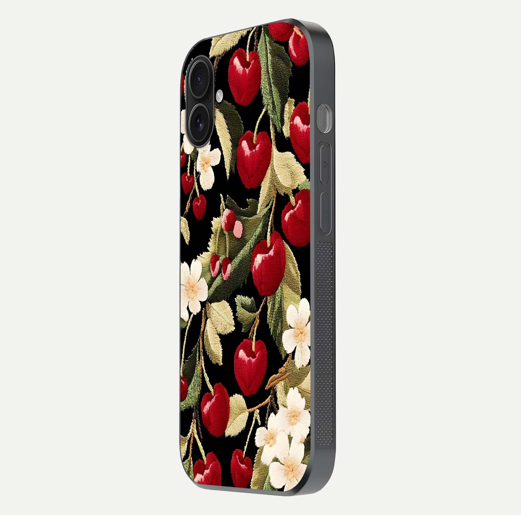 Bloom Thread Art Glass Case for iPhone 16 Plus side-angle image showing texture depth and gloss reflection