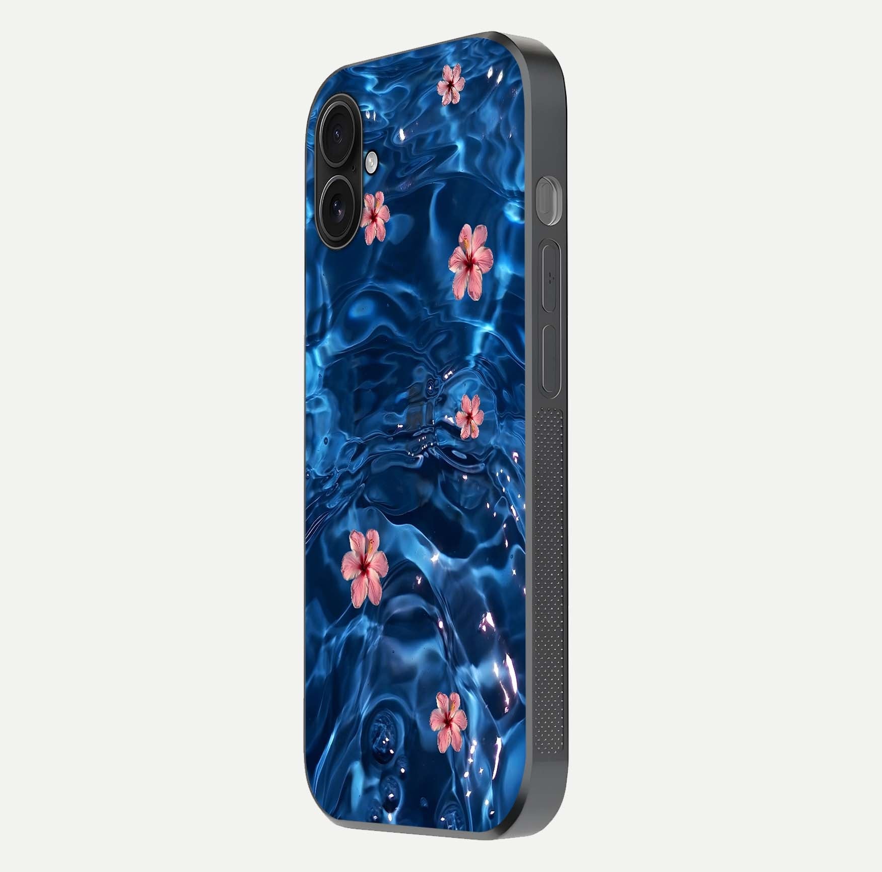 Blooming Water Drift Glass Case for iPhone 16 Plus side-angle image showcasing blossom flow, curved corners, and HD glass gloss