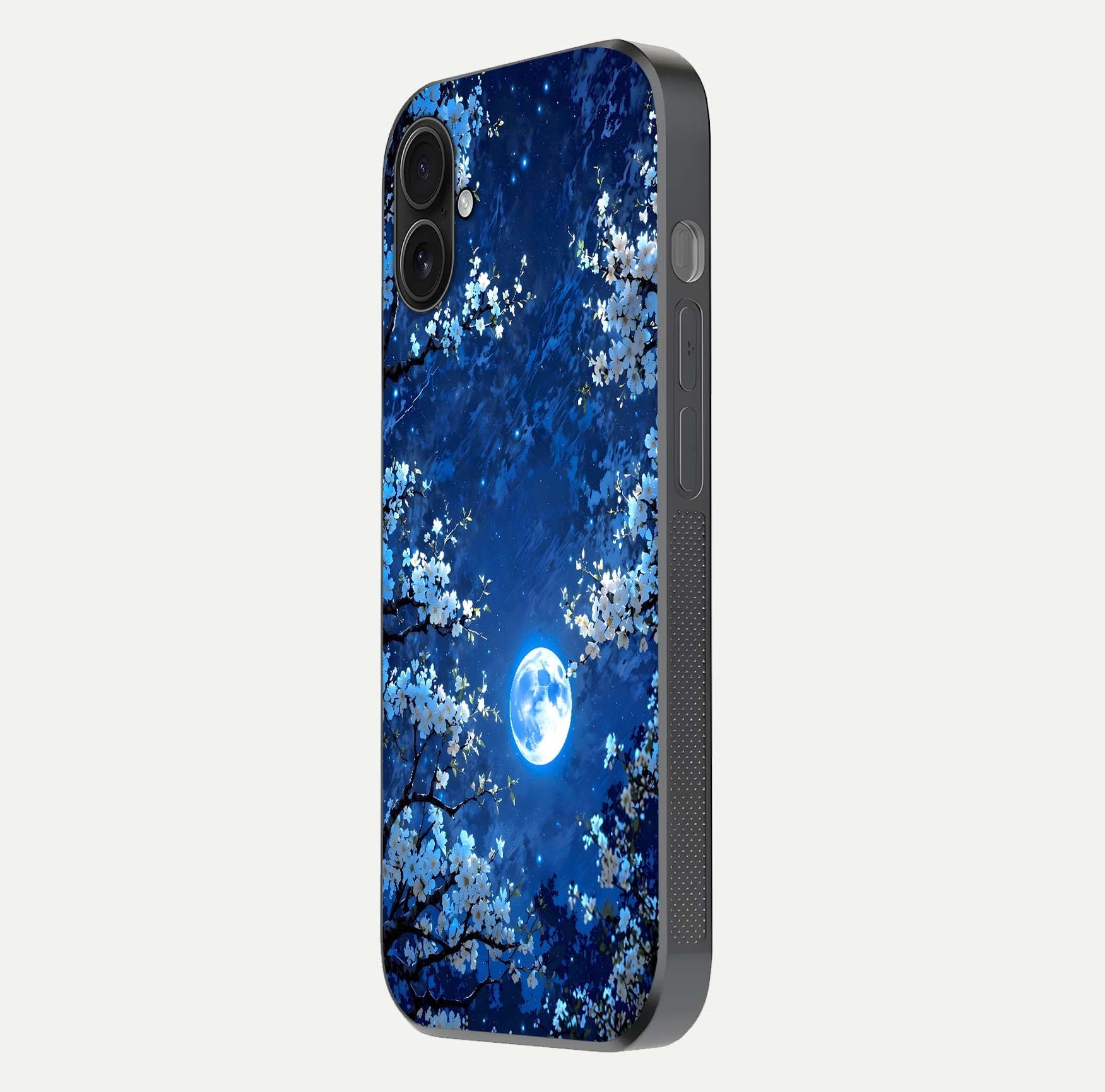 Blossom Moonlight Sky Glass Case for iPhone 16 Plus side-angle view emphasizing moonlight tones and protective edge