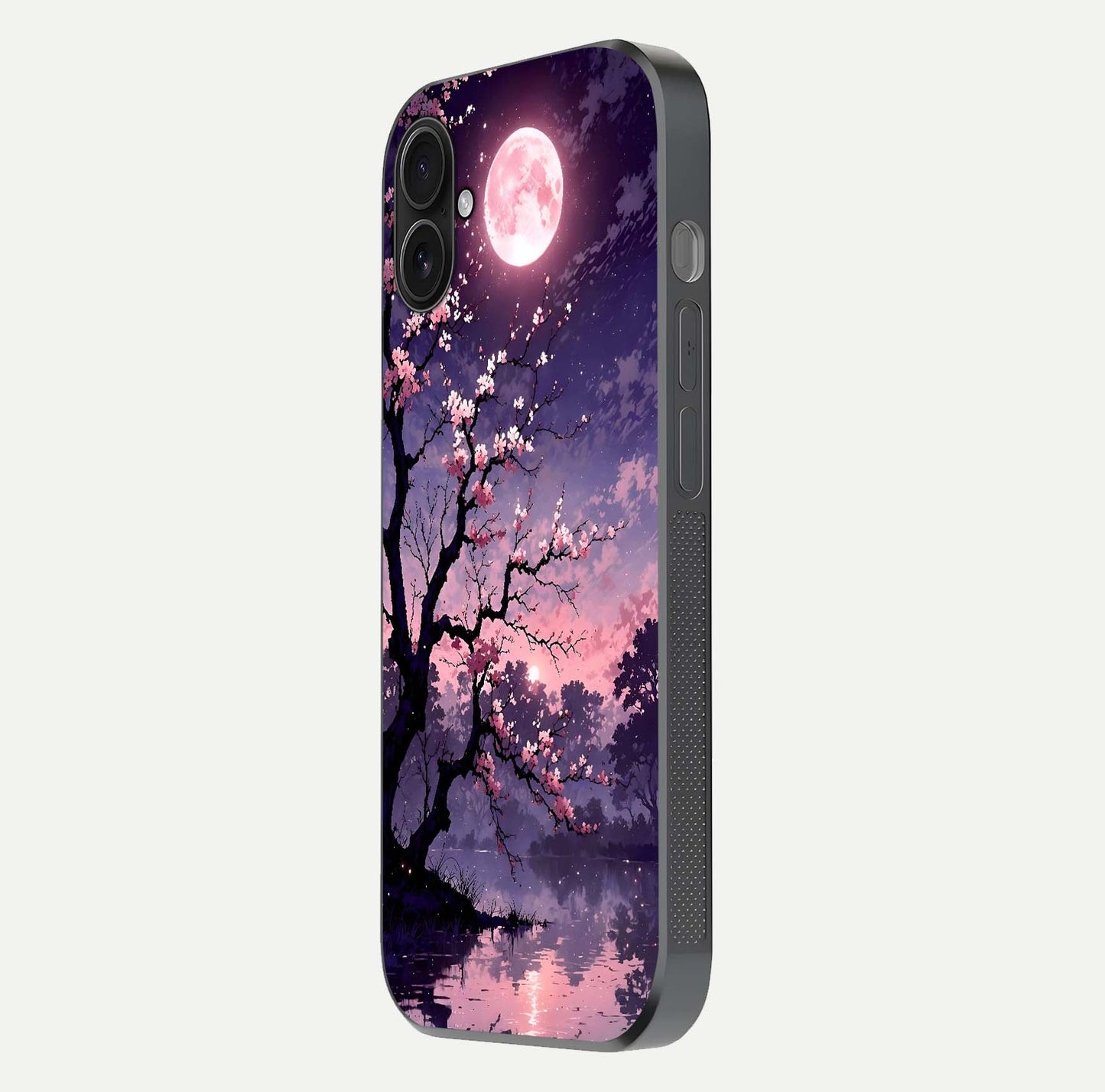 Blossom Pink Moon Glass Case for iPhone 16 Pro side-angle image showing glossy curve and floral-moon balance