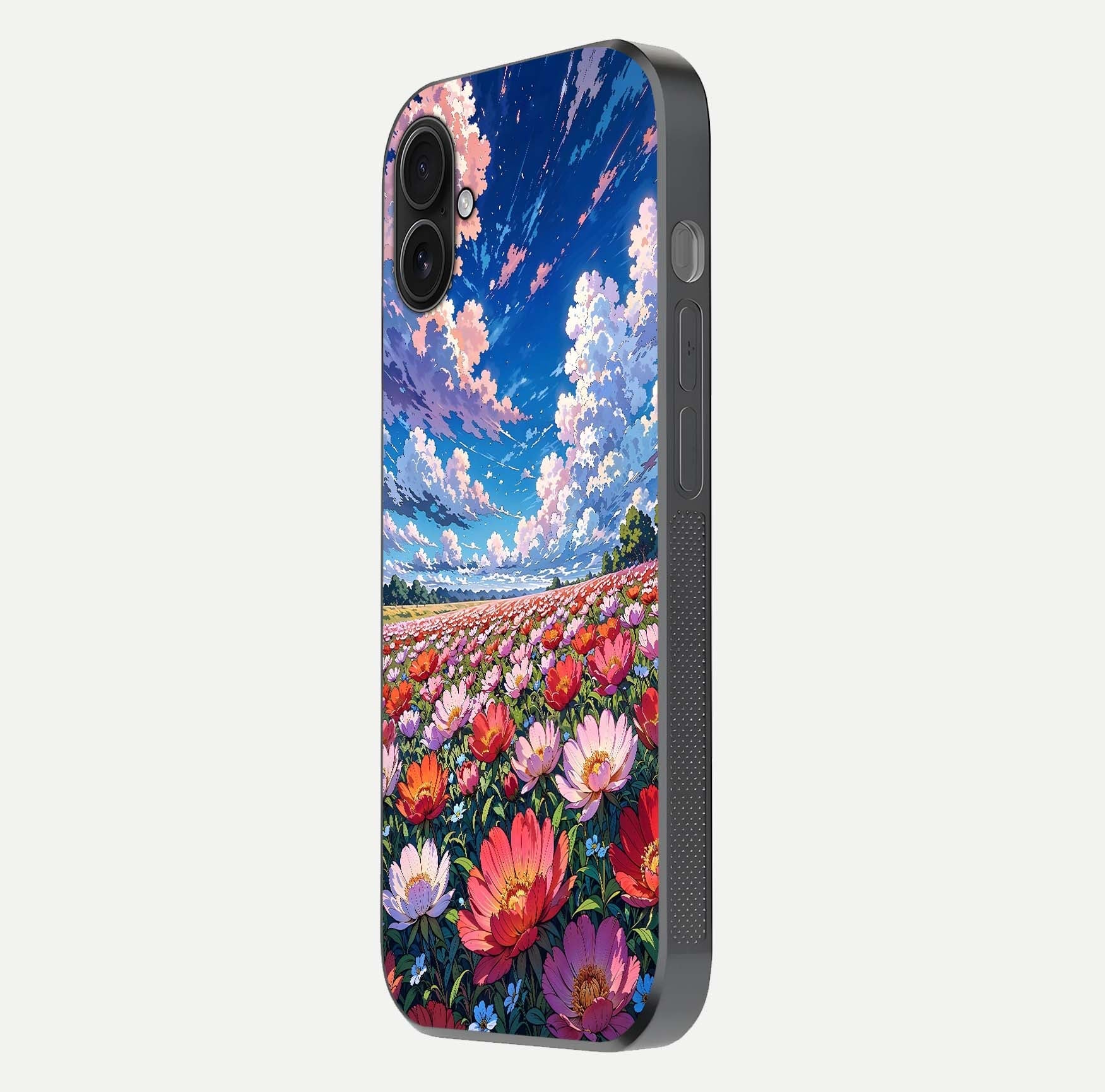 Blossom Sky Field Glass Case for iPhone 16 Plus side-angle showing sky hues, blossom texture, and reflective shine