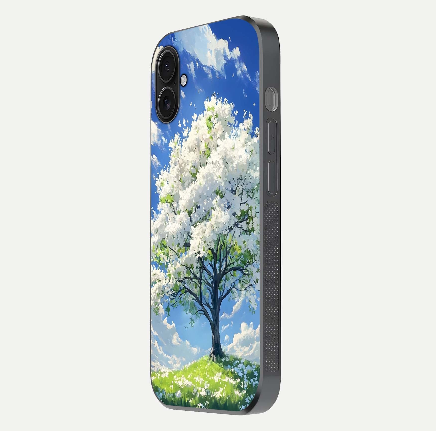 Blossom Sky Serenity Glass Case for iPhone 16 Plus side-angle image showing elegant edge flow and light reflection