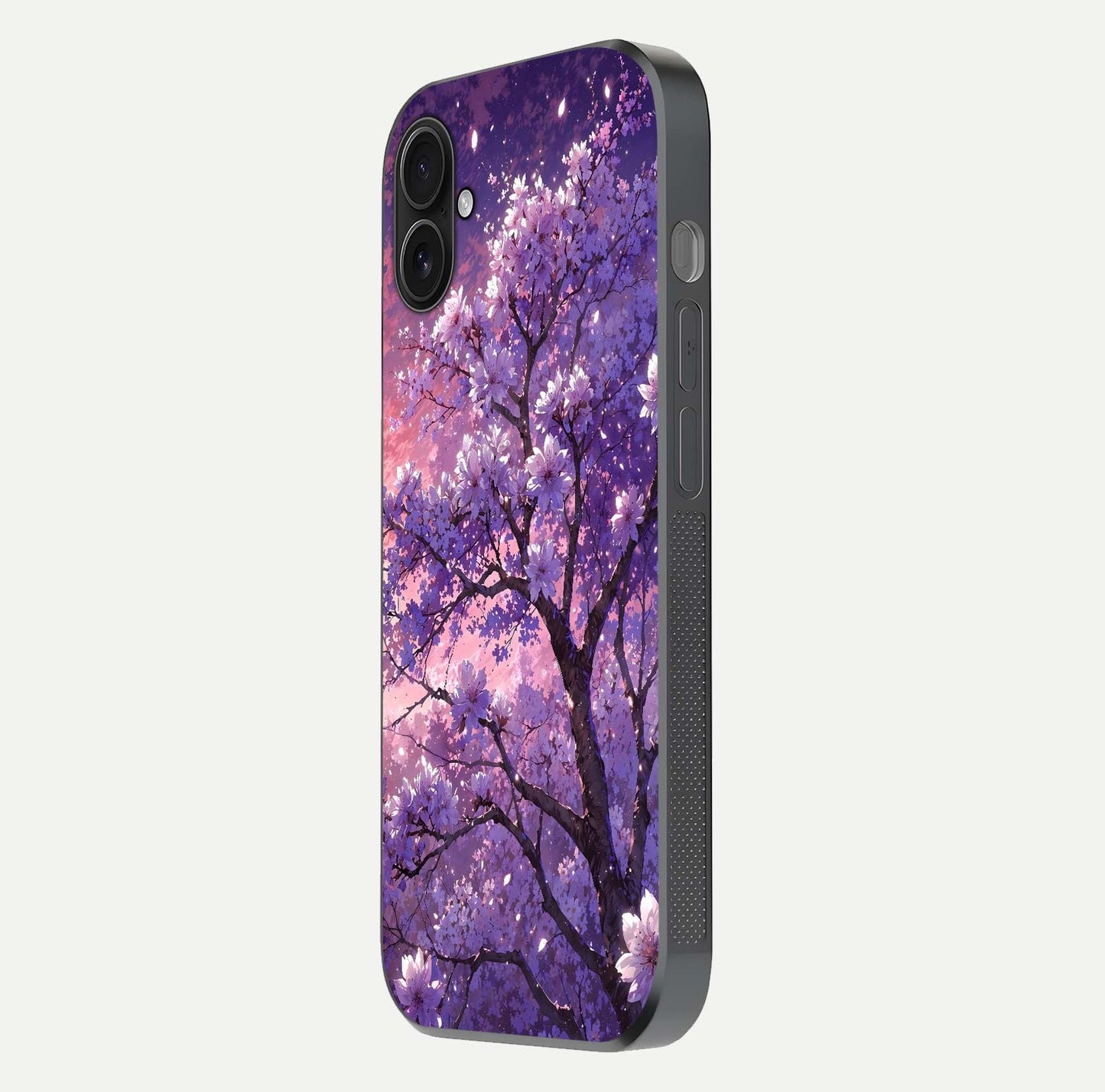 Blossom Tree Glass Case for iPhone 16 Plus side-angle image showing floral tree artwork and reflection gloss