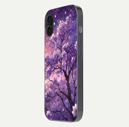 Blossom Tree Glass Case for iPhone 16 Plus side-angle image showing floral tree artwork and reflection gloss