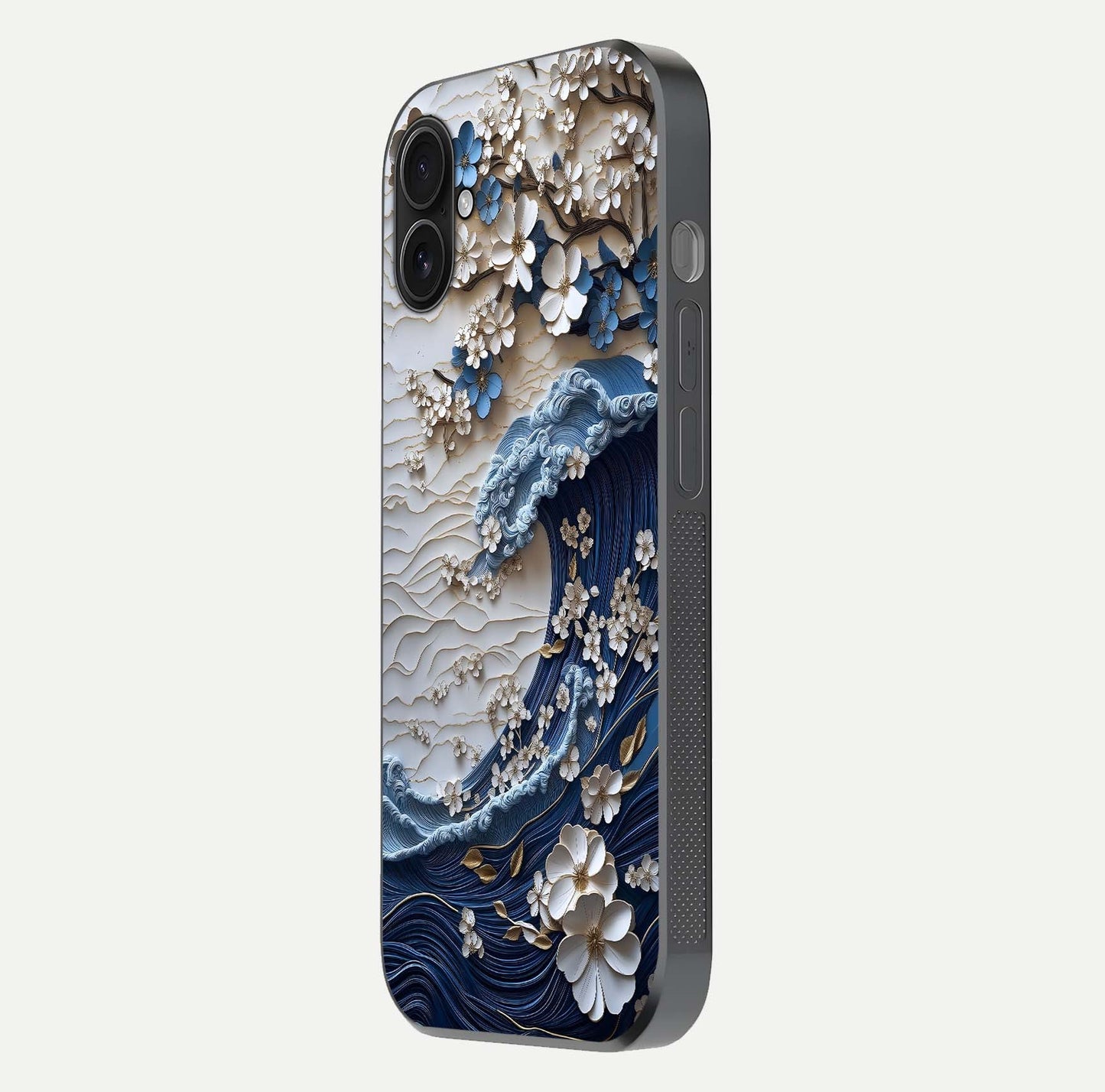 Blossom Wave Art Glass Case for iPhone 16 Pro side-angle view showing wave-flow print and gloss edge finish