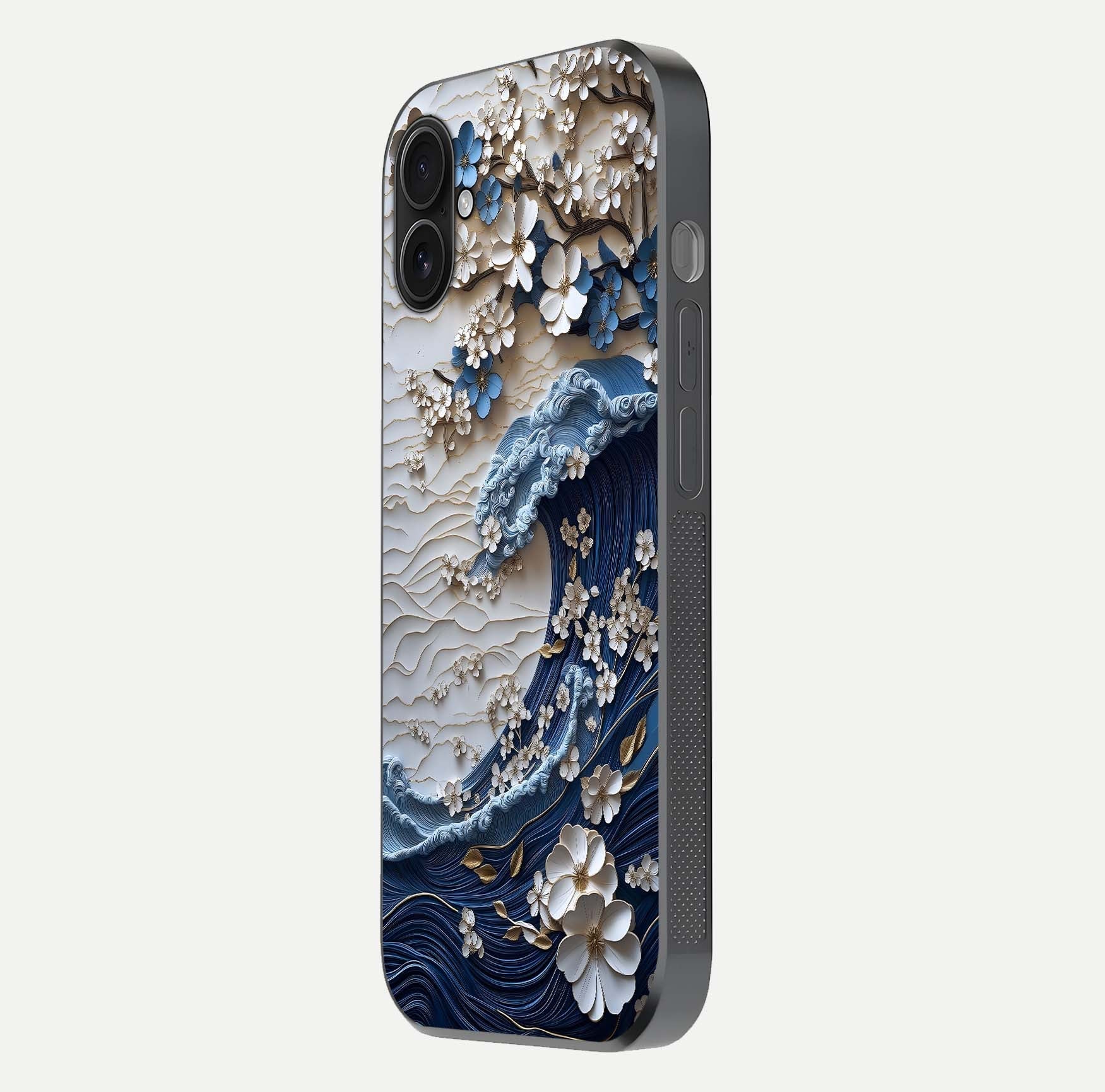 Blossom Wave Art Glass Case for iPhone 16 Pro side-angle view showing wave-flow print and gloss edge finish