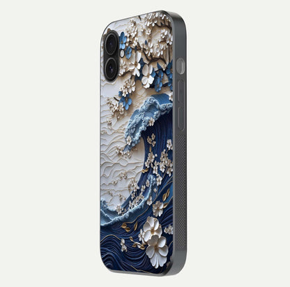 Blossom Wave Art Glass Case for iPhone 16 Pro side-angle view showing wave-flow print and gloss edge finish