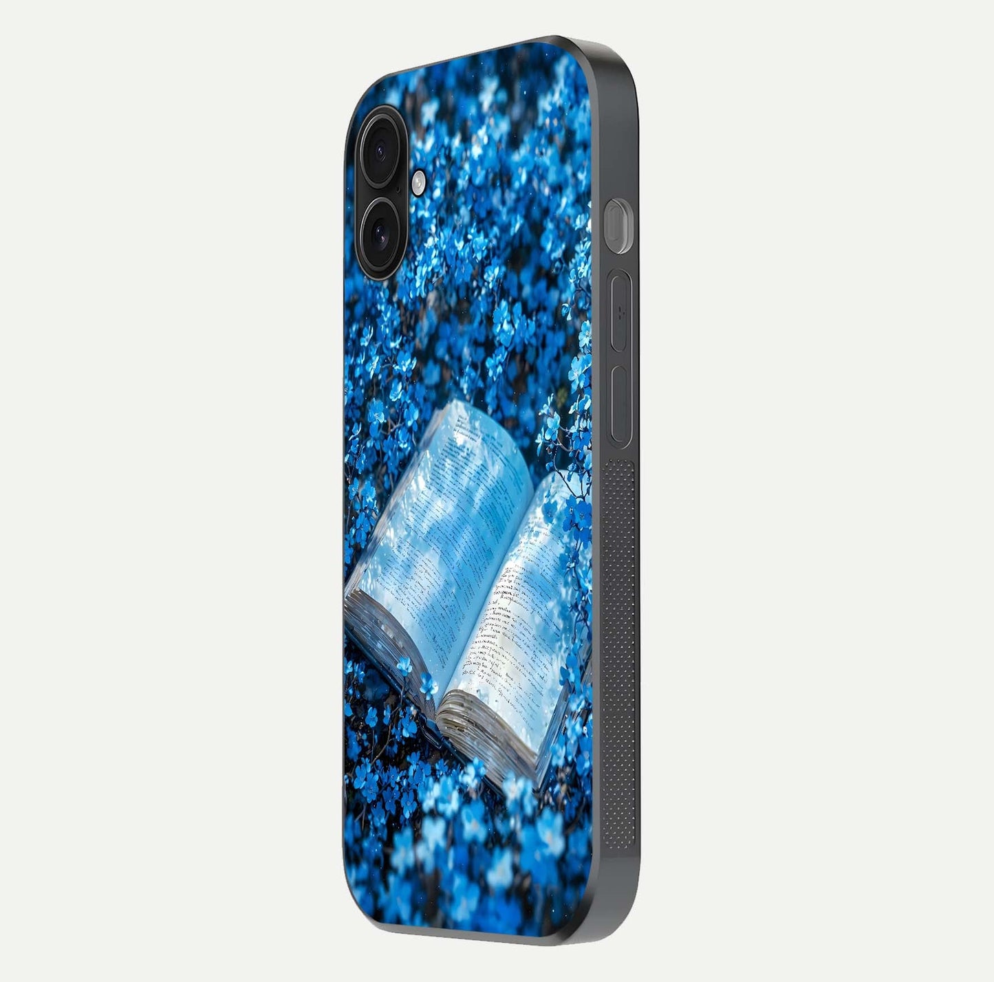 Blue Bloom Tales Glass Case for iPhone 16 Pro side-angle image showing blue floral pattern and glossy finish