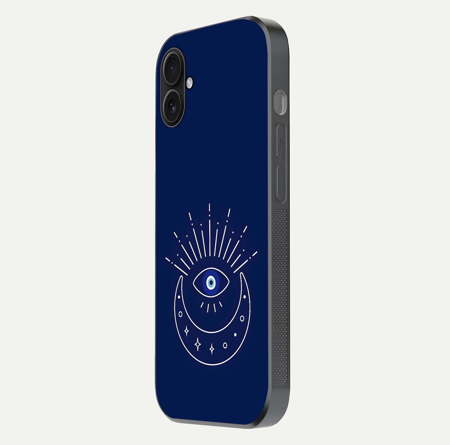 Blue Evil Eye Glass Case for iPhone 16 Pro side-angle view showing edge glow, color balance, and reflective surface