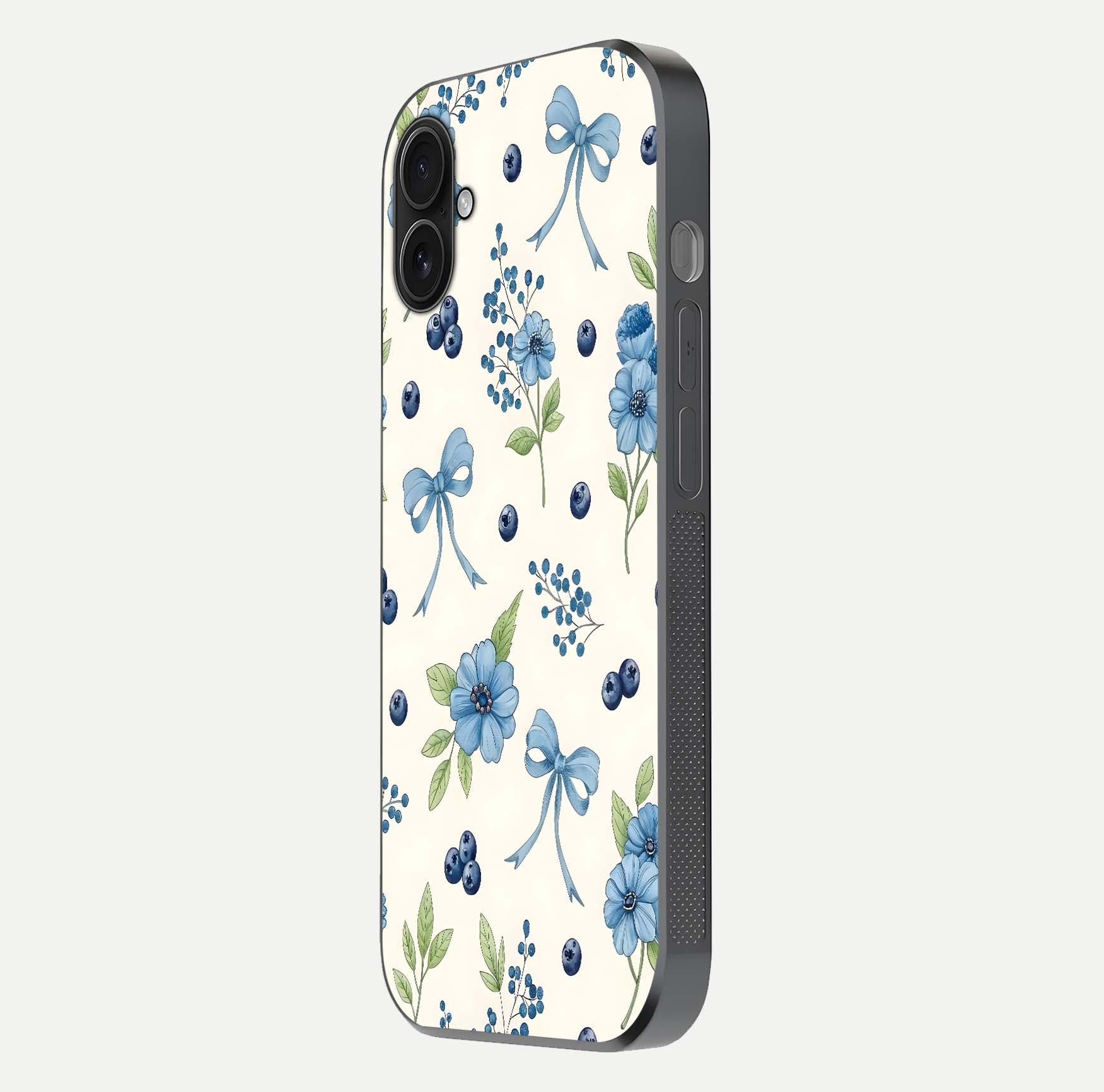 Blue Flower & Bow Glass Case for iPhone 16 Plus side-angle image showing bow-floral mix and HD finish shine