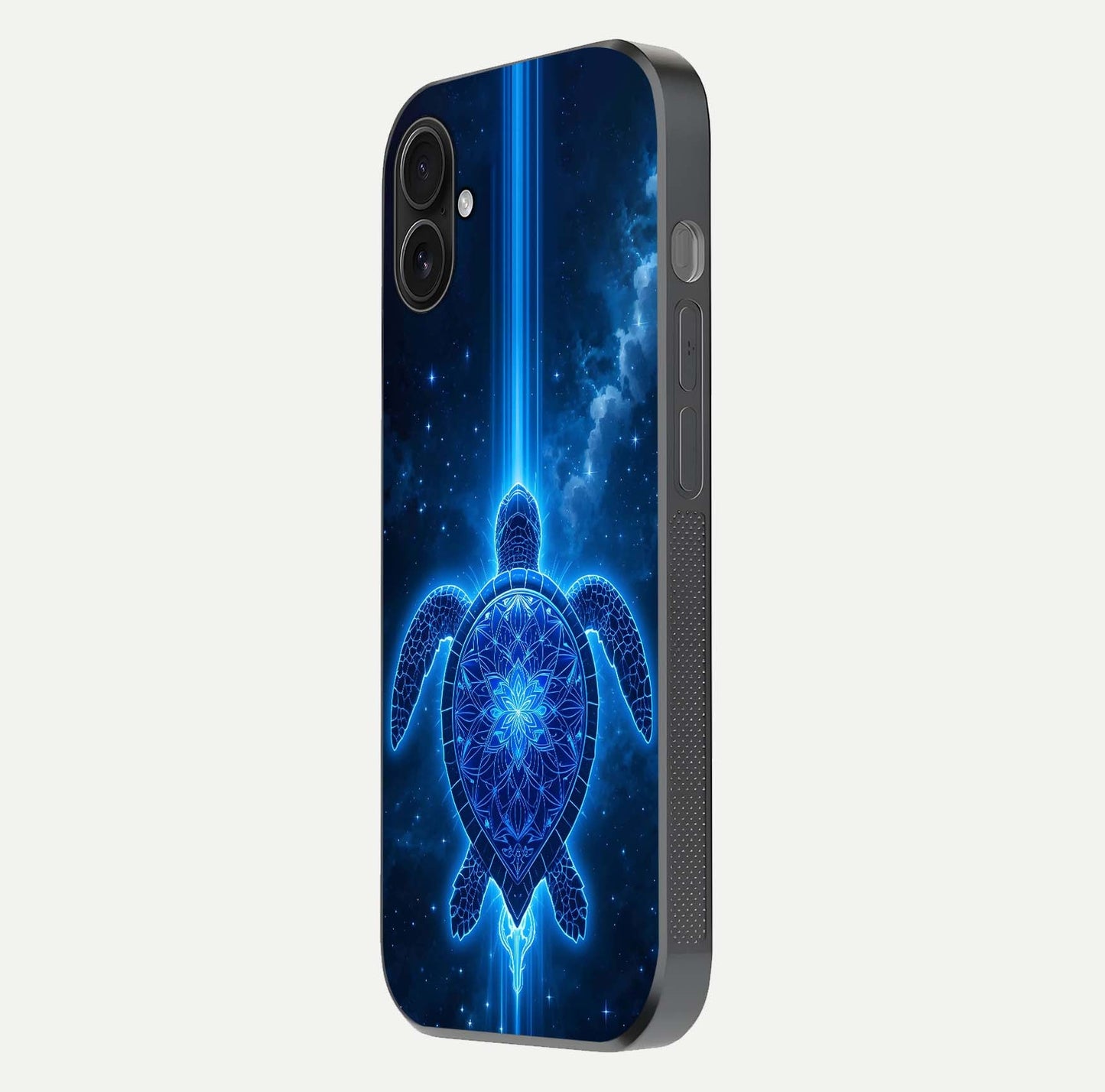 Blue Galaxy Turtle Glass Case for iPhone 16 Plus side-angle photo capturing galaxy shine and smooth edge design