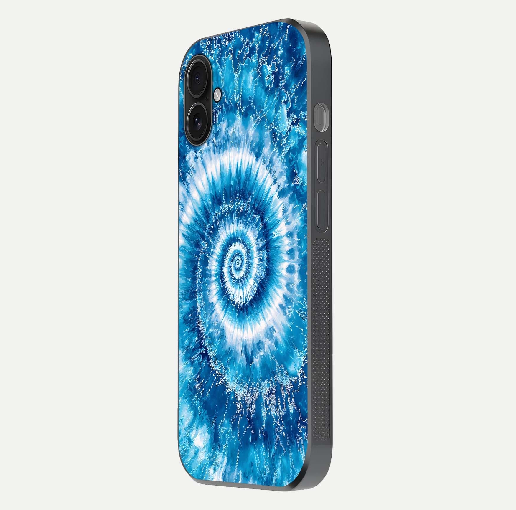 Blue Galaxy Wave Glass Case for iPhone 16 Plus side-angle image showing wave ripple art and glass gloss