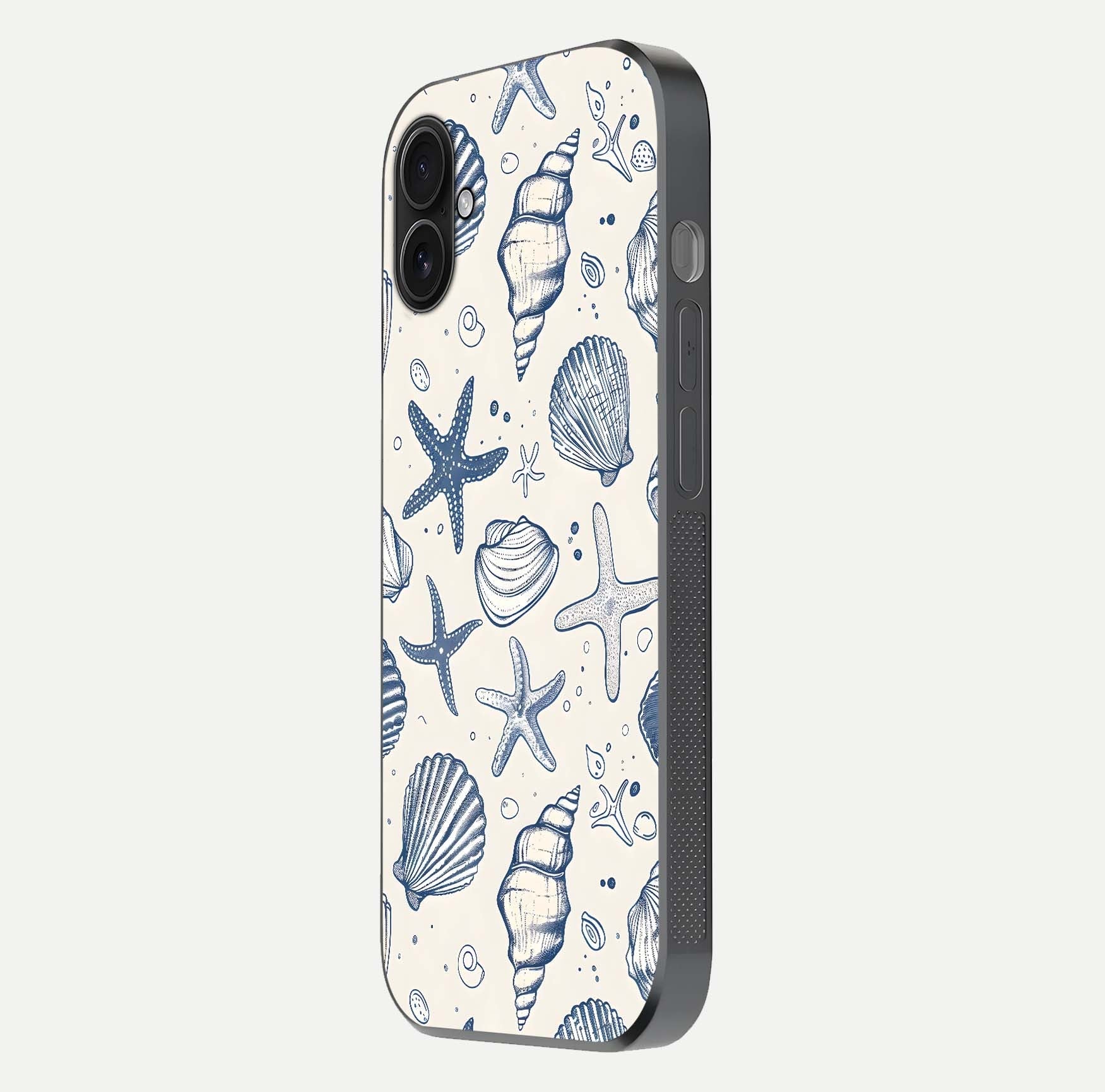 Blue Ocean Outline Glass Case for iPhone 16 Plus side-angle view showing clear edge lines and oceanic blue glow