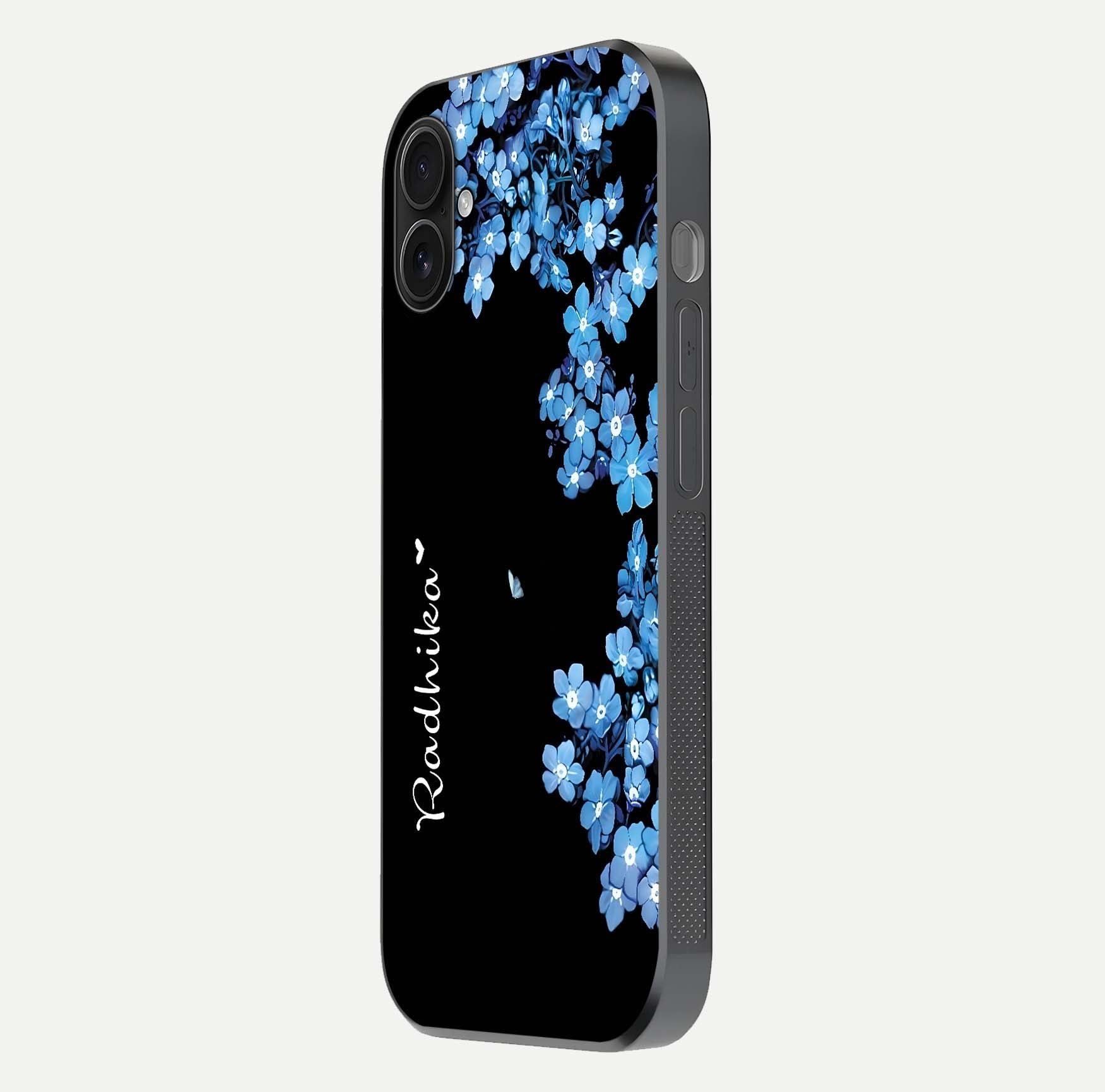 Blue Petal Dream Custom Name Glass Case for iPhone 16 Plus side-angle image showing name print clarity and smooth gloss