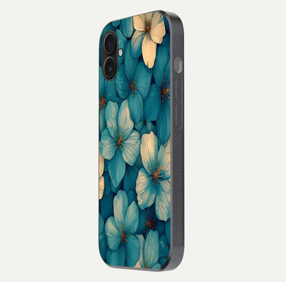 Blue Shade Floral Glass Case for iPhone 16 Pro side-angle photo showing detailed floral hues and curved glass shine