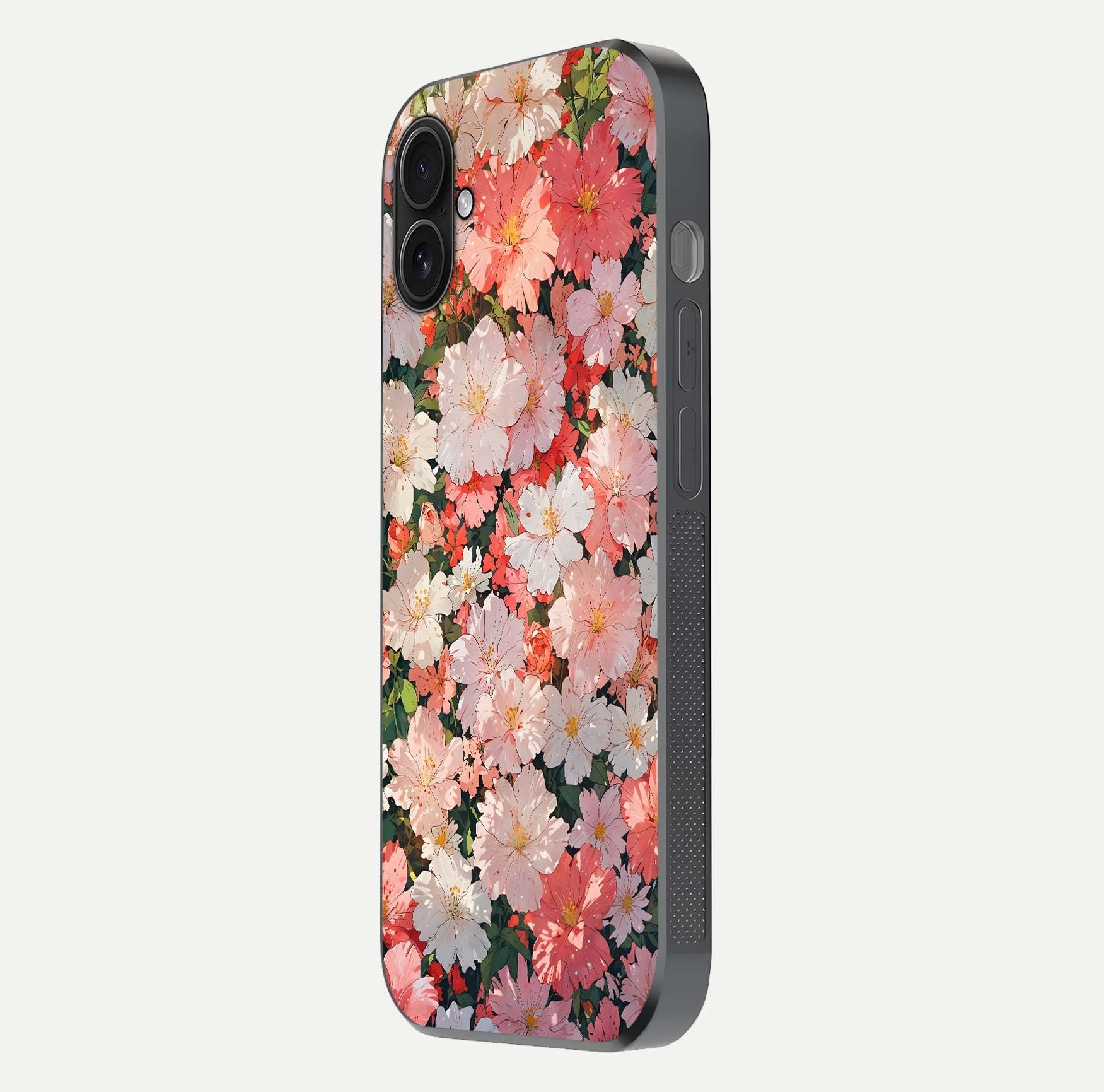 Blush Bloom Field Glass Case for iPhone 16 Plus side-angle image showing petal pattern gloss and smooth edges