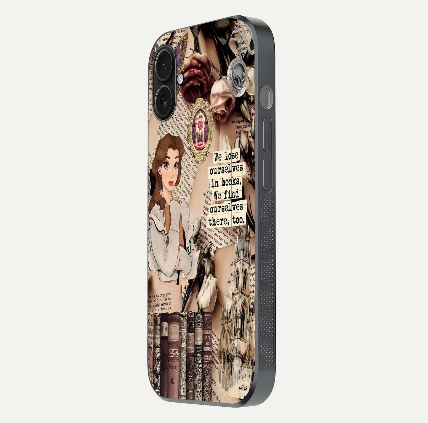 Bookish Dream World Glass Case for iPhone 16 Plus side-angle image showing detail depth and smooth corner polish