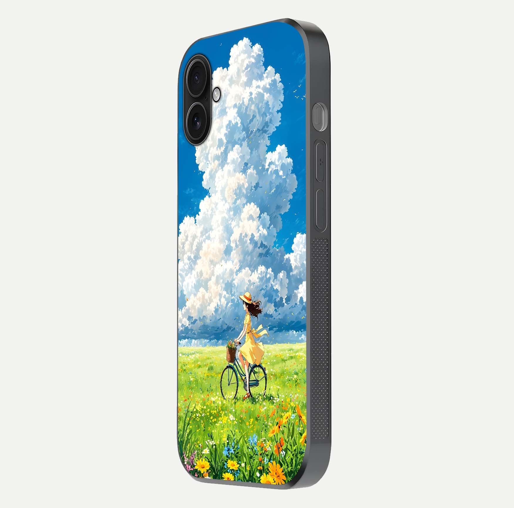 Breezy Meadow Ride Glass Case for iPhone 16 Plus side-angle image showing floral details and edge glow