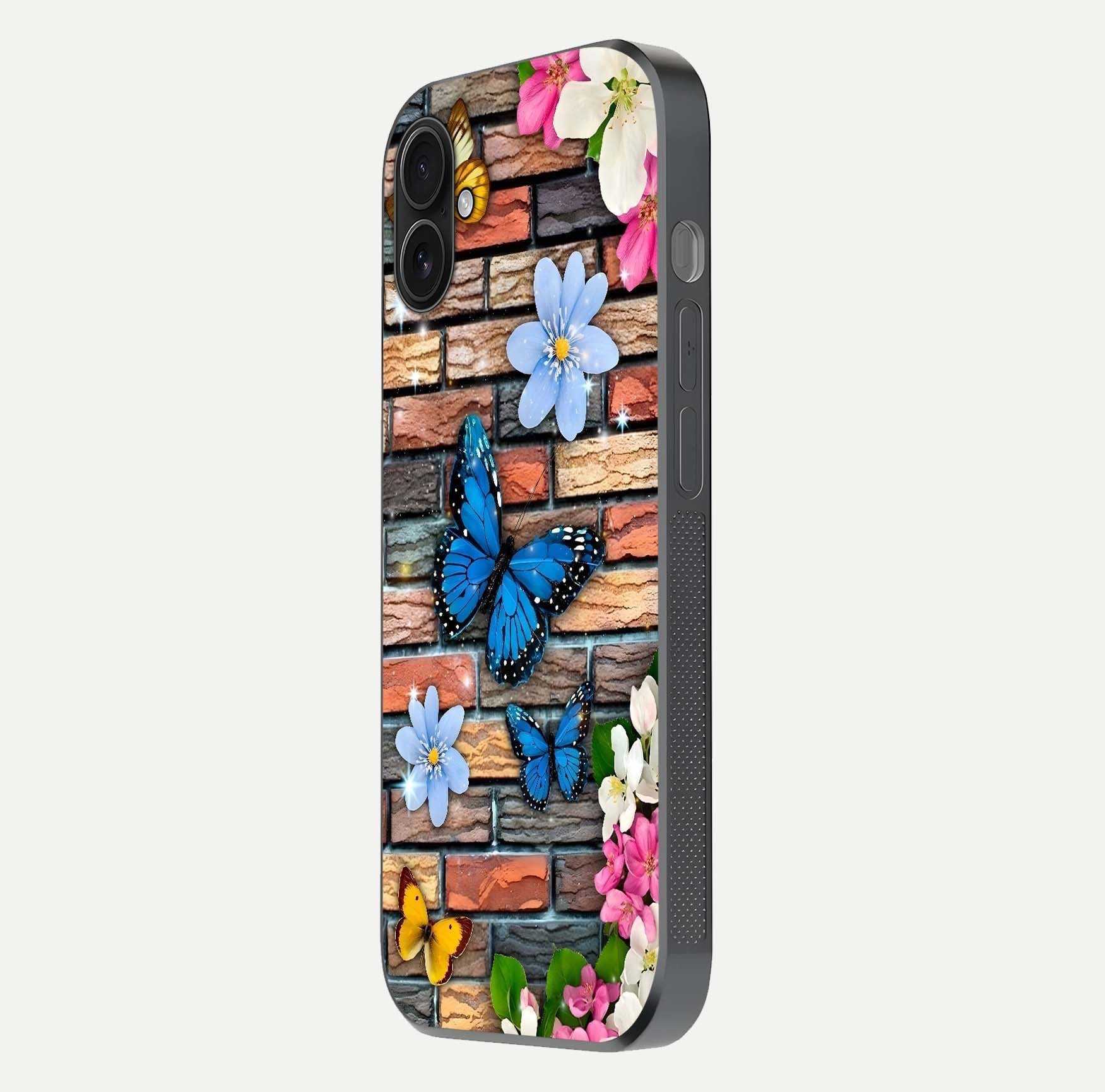 Brick Bloom Flight Glass Case for iPhone 16 Plus side-angle photo showing curve shine and detailed petal contrast