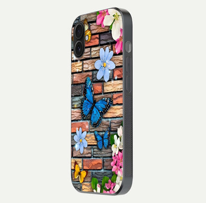 Brick Bloom Flight Glass Case for iPhone 16 Plus side-angle photo showing curve shine and detailed petal contrast