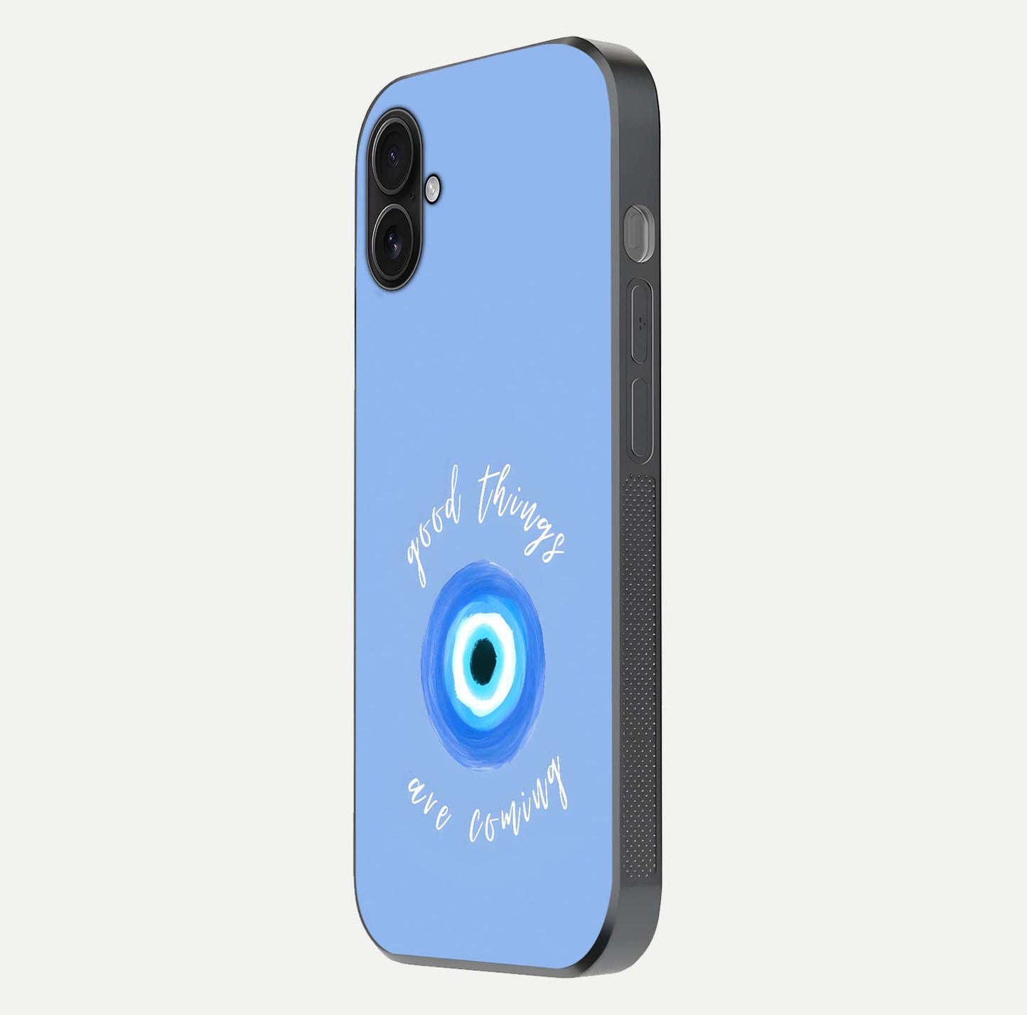 Bright Future Ahead Glass Case for iPhone 16 Plus side-angle image displaying edge smoothness and reflective surface