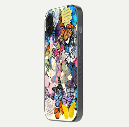 Butterflies Petal Dream Glass Case for iPhone 16 Plus side-angle shot showing butterfly motion and curved edges