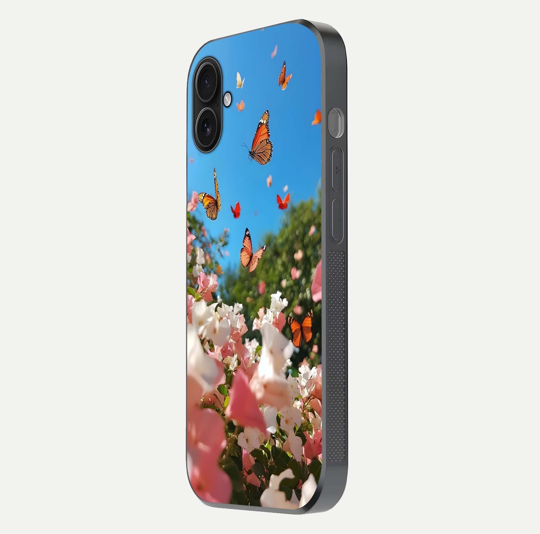 Butterflies in Bloom Sky Glass Case for iPhone 16 Plus side-angle image showing delicate details and gloss polish