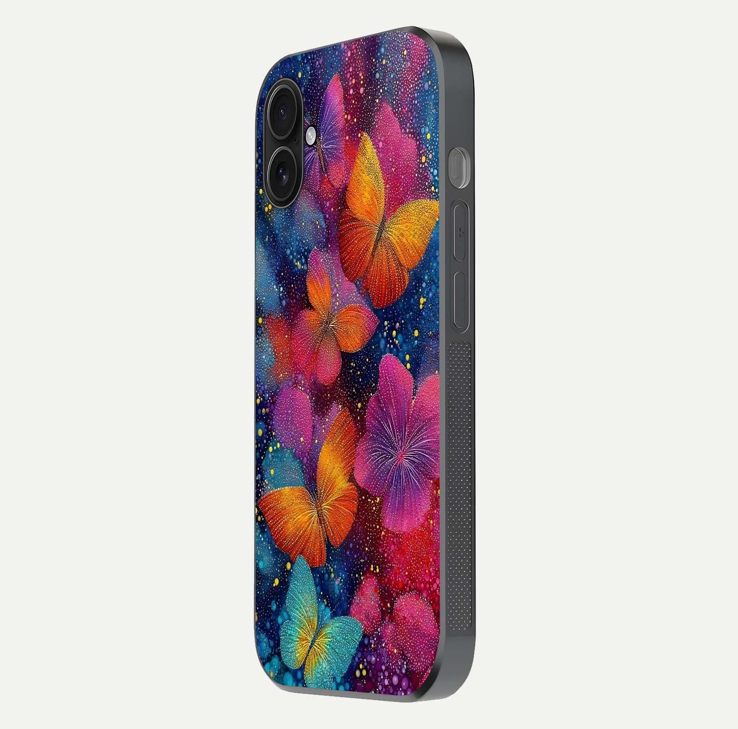 Butterfly Dream Mist Glass Case for iPhone 16 Plus side-angle image showing soft gradient and reflective glow
