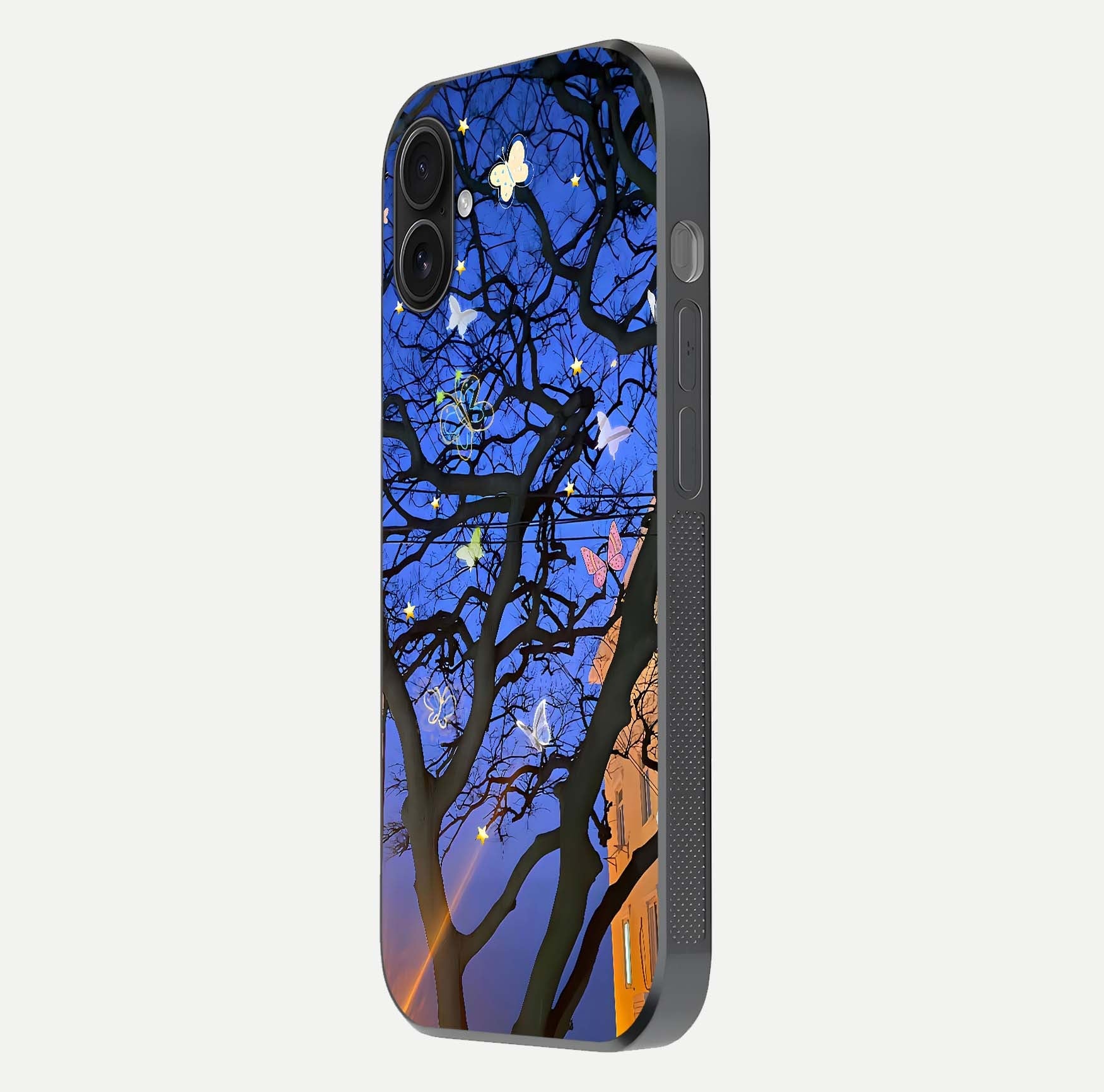 Butterfly Night Magic Glass Case for iPhone 16 Plus side-angle view capturing butterfly contrast and glossy depth