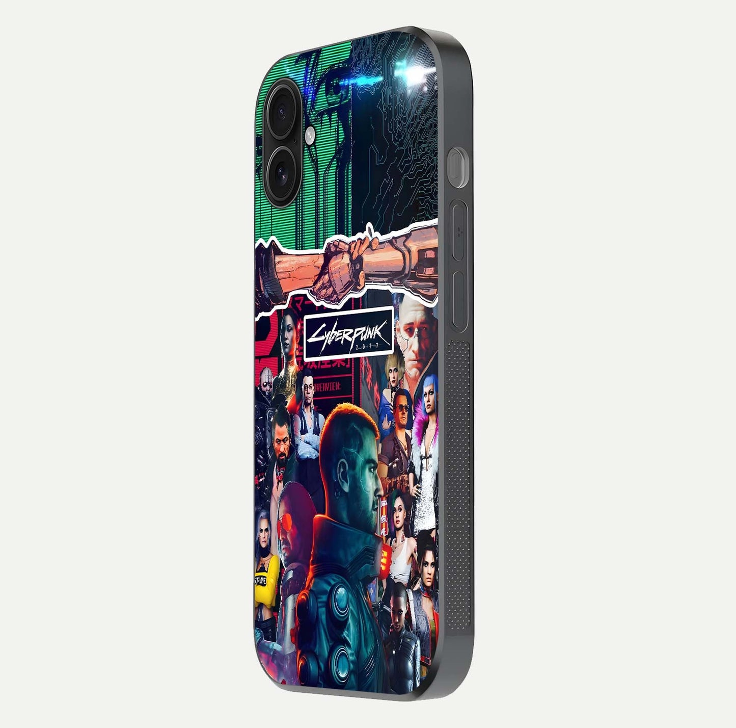 CYBERPUNK Legacy Glass Case for iPhone 16 Plus side-angle photo showing edge glow and reflective surface