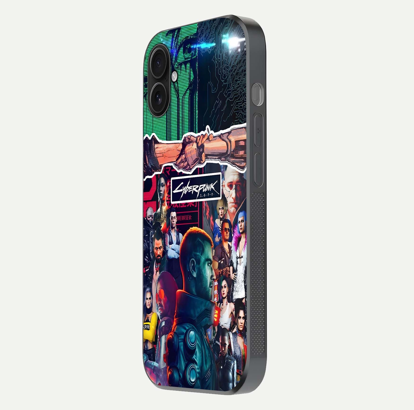 CYBERPUNK Legacy Glass Case for iPhone 16 Plus side-angle photo showing edge glow and reflective surface