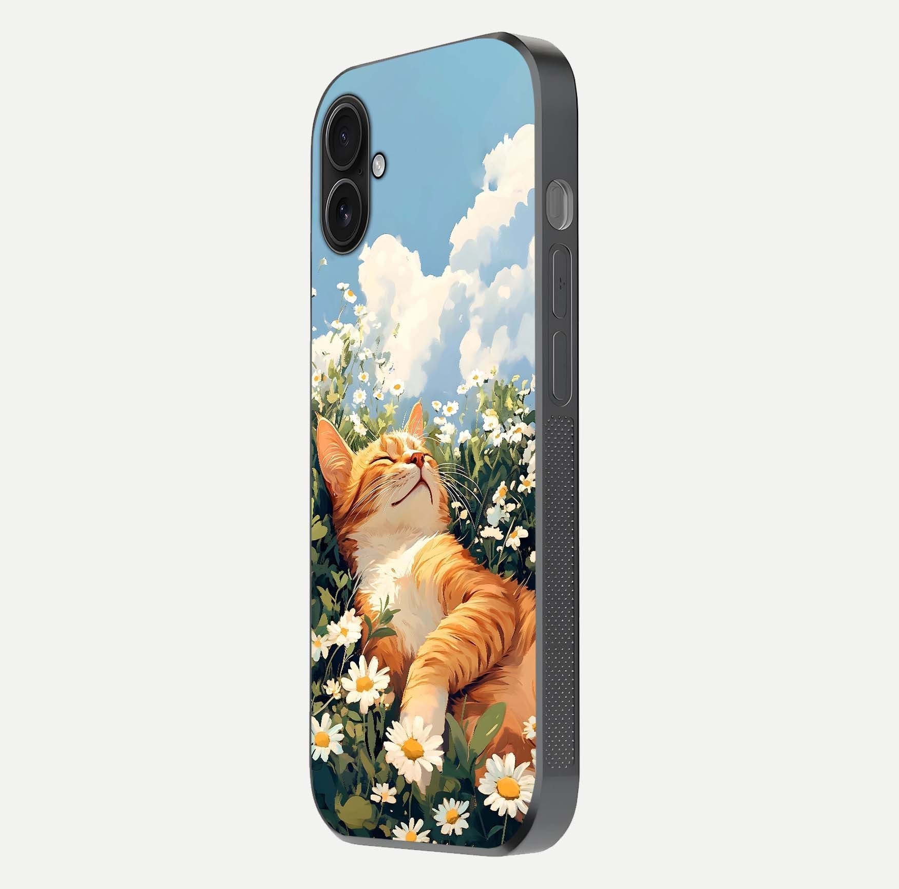 Cat & Flowers View Glass Case for iPhone 16 Plus side-angle image capturing cat print clarity and gloss tone