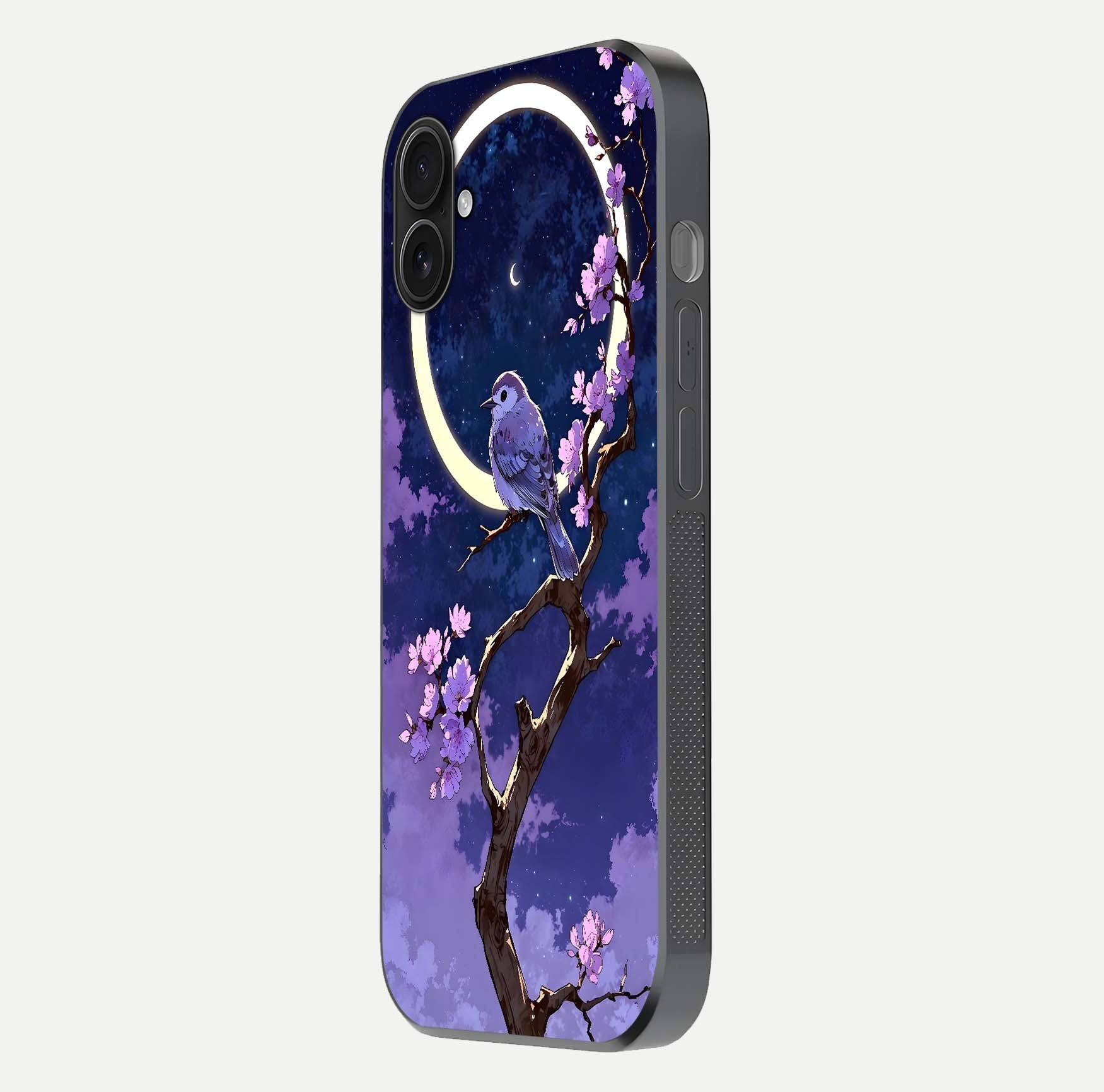 Celestial Bird Blossom Glass Case for iPhone 16 Plus side-angle image showing detailed wings and glossy polish
