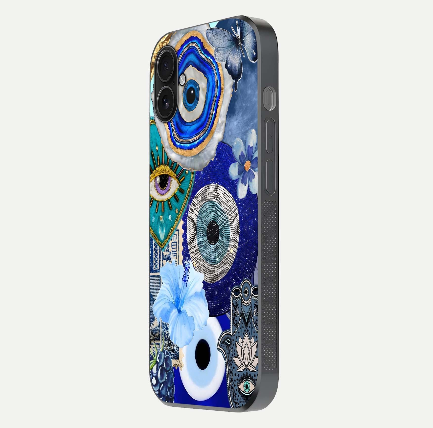 Celestial Blue Vision Glass Case for iPhone 16 Plus side-angle image capturing starlight shimmer and glass reflection