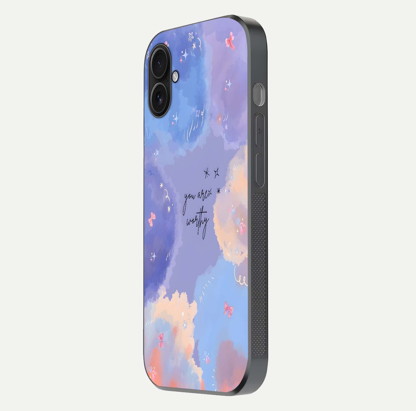 Celestial Cloud Magic Glass Case for iPhone 16 Plus side-angle photo showing edge reflection and dreamy texture