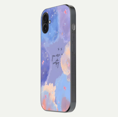 Celestial Cloud Magic Glass Case for iPhone 16 Plus side-angle photo showing edge reflection and dreamy texture