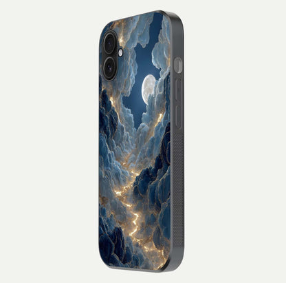 Celestial Cloud Road Glass Case for iPhone 16 Plus side-angle image showing soft pastel tones and edge clarity