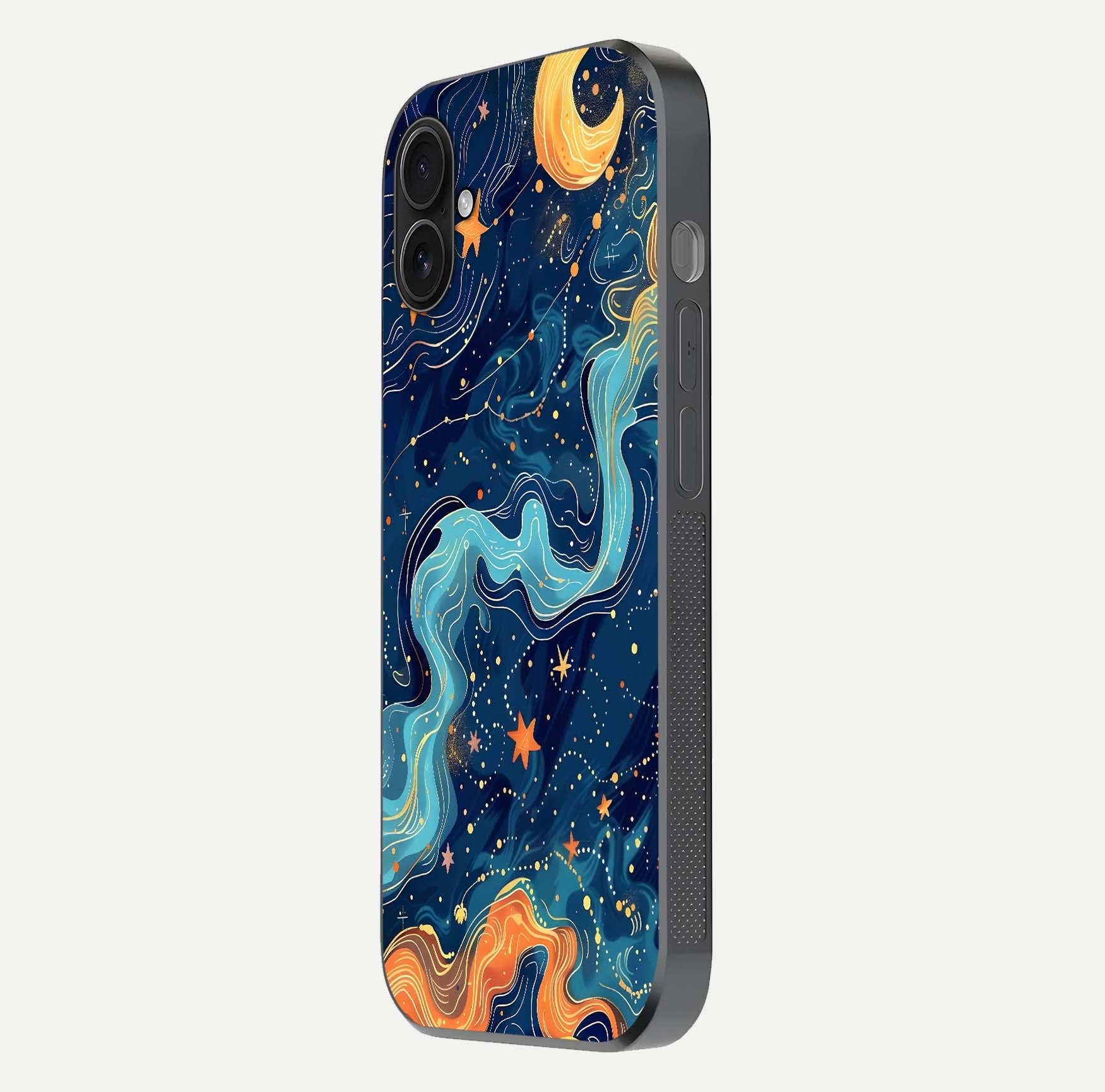 Celestial Dream Flow Glass Case for iPhone 16 Plus side-angle image capturing color swirl and glass reflection