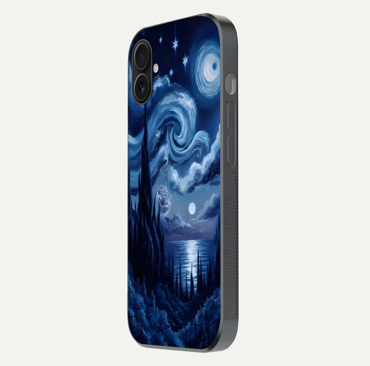 Celestial Dream Van Gogh Glass Case for iPhone 16 Plus side-angle photo showing depth swirl design and curved reflection