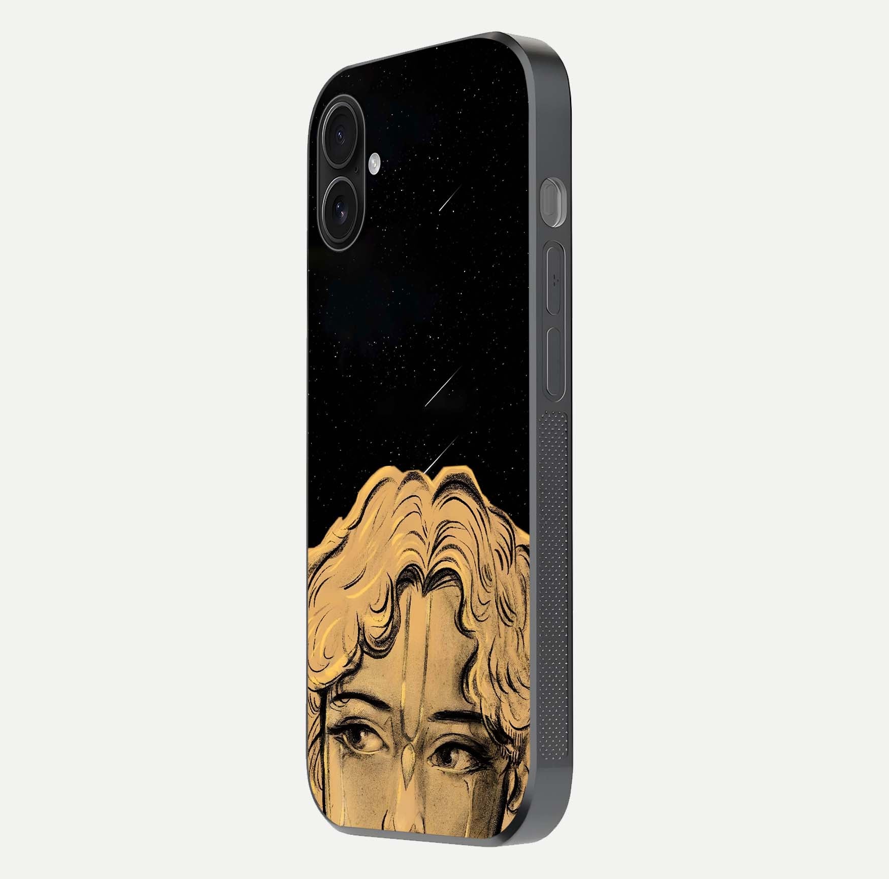 Celestial God’s Plan Glass Case for iPhone 16 Plus side-angle image showing gloss, camera frame, and cosmic tones