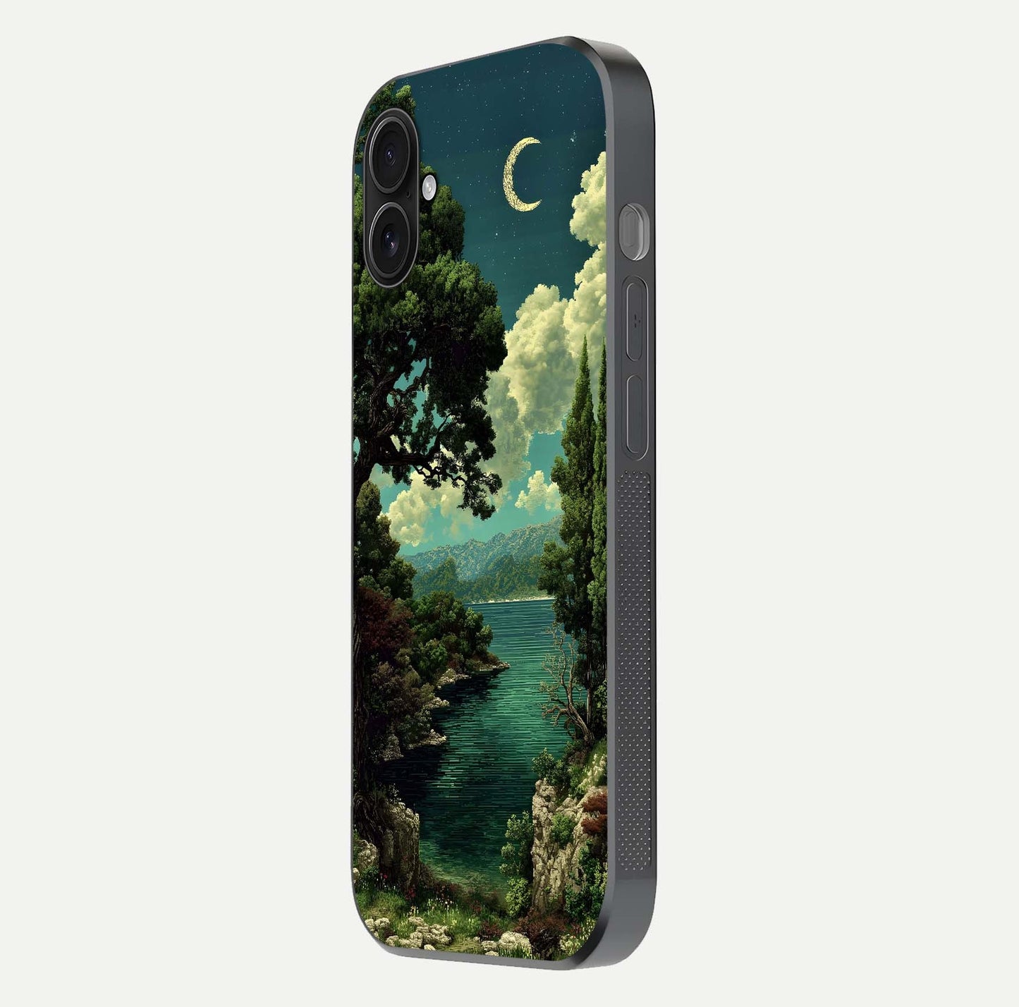 Celestial Lake Peace Glass Case for iPhone 16 Plus side-angle image displaying reflective glow and gentle edges