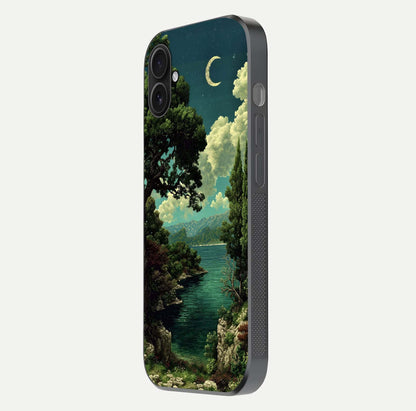 Celestial Lake Peace Glass Case for iPhone 16 Plus side-angle image displaying reflective glow and gentle edges